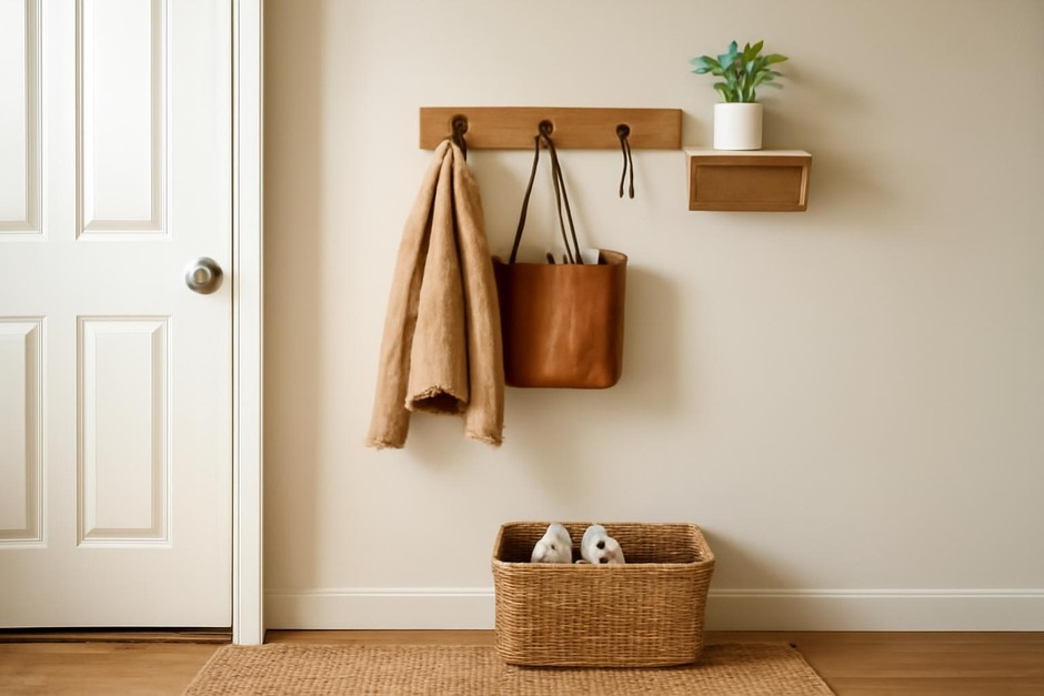 A neat entryway with hooks, a small shelf and a basket for shoes